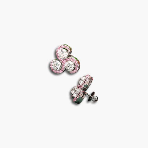 Triple Halo Diamond and Pink Sapphire Stud Earrings