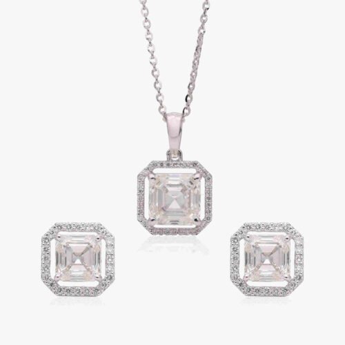 Square Emerald-Cut Diamond Pendant Set with Matching Earrings